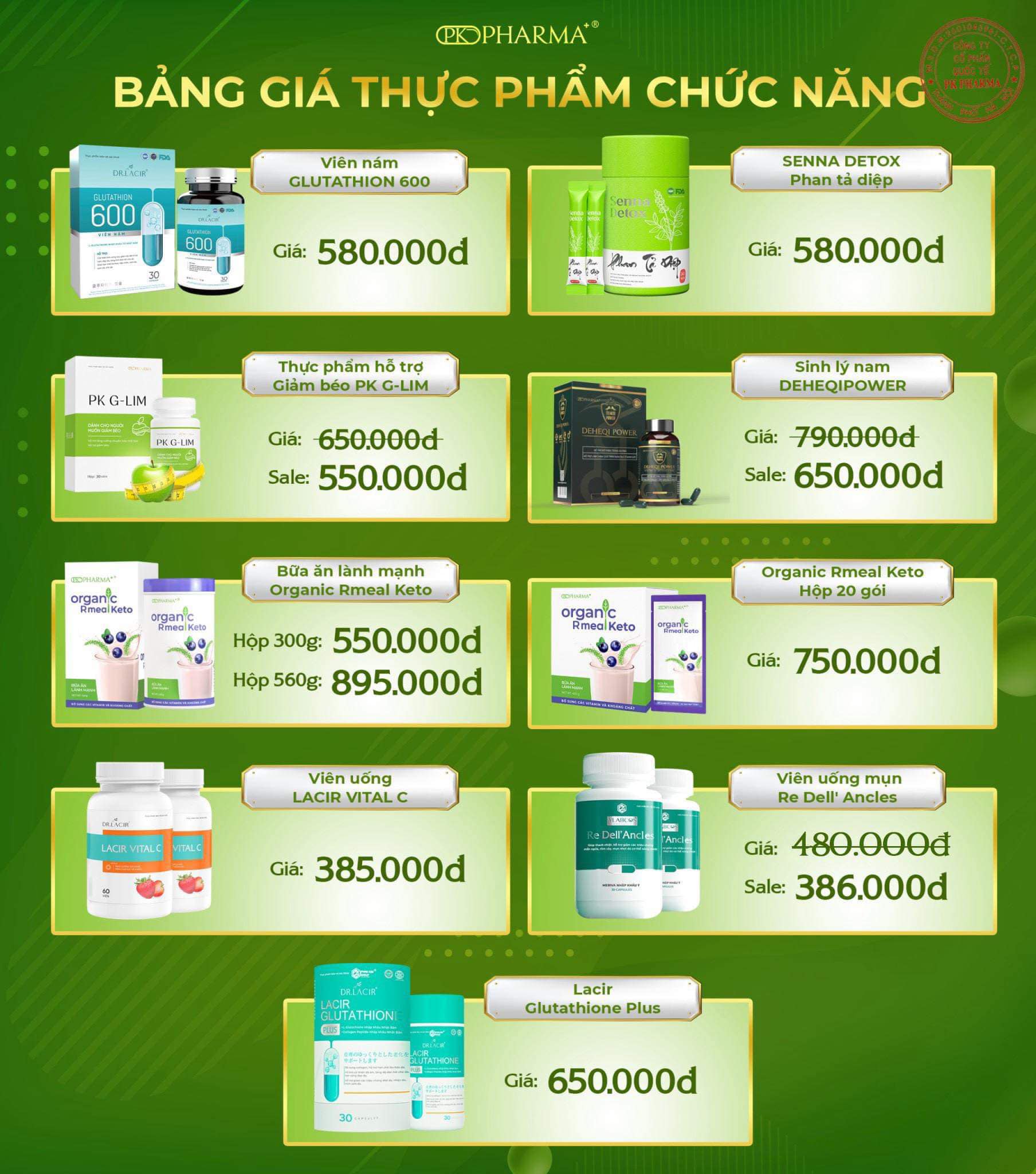 Bảng giá các sản phẩm Thực phẩm chức nắng PK Pharma Dr.Lacir